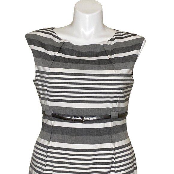 Calvin Klein Striped Belted Sheath Dress Gray White Empire Waist Women's Size 14 - Picture 3 of 10